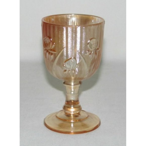 Jeannette Glass IRIS AND HERRINGBONE Marigold Iridescent Short Wine Goblet - Picture 1 of 2